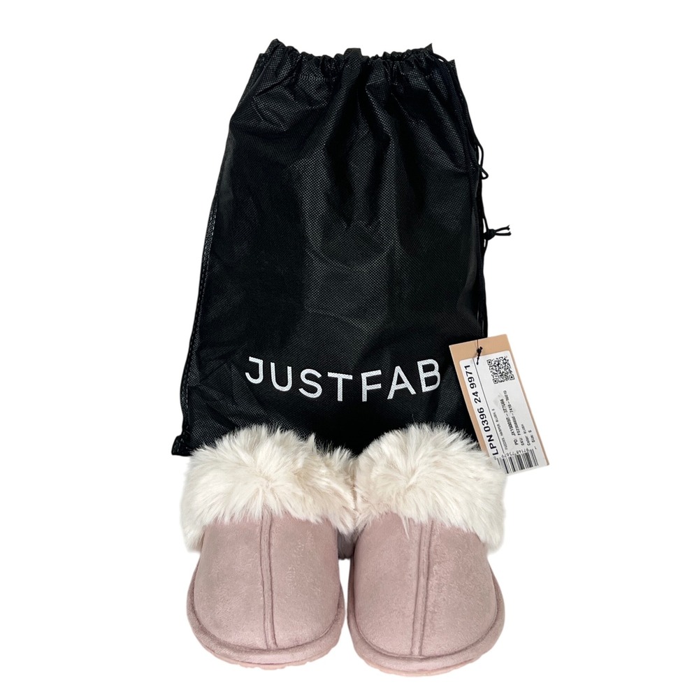 JustFab Pink Faux Fur Slip On Slippers with Drawstring Bag NEW Size Small